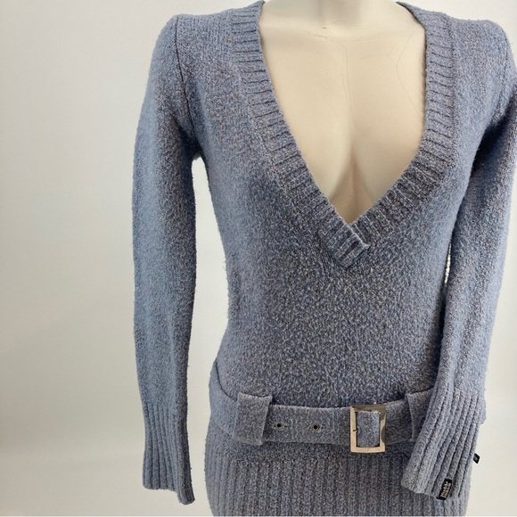 Vintage Y2K Mudd Jeans Deep V-Neck Belted Sweater Blue with Metallic Thread READ - Picture 3 of 16
